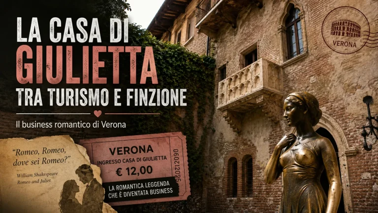 Copertina editoriale dedicata alla Casa di Giulietta di Verona con il celebre balcone, la statua di Giulietta e riferimenti al turismo romantico.