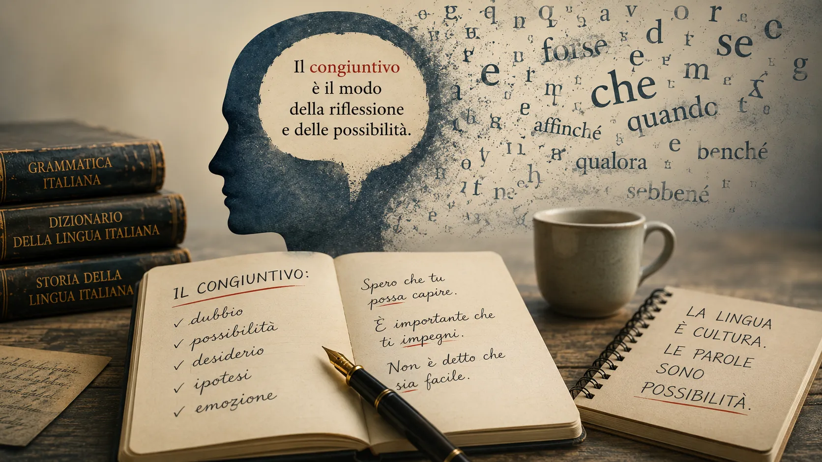 Illustrazione editoriale sul congiuntivo nella lingua italiana con libri di grammatica, appunti scritti a mano e parole sospese nello spazio.