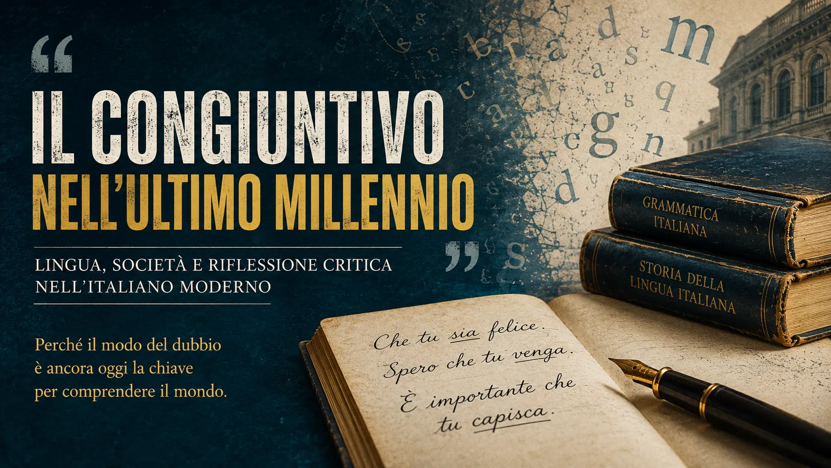 Testo in italiano dedicato alla crisi del congiuntivo e all’evoluzione della lingua italiana moderna.