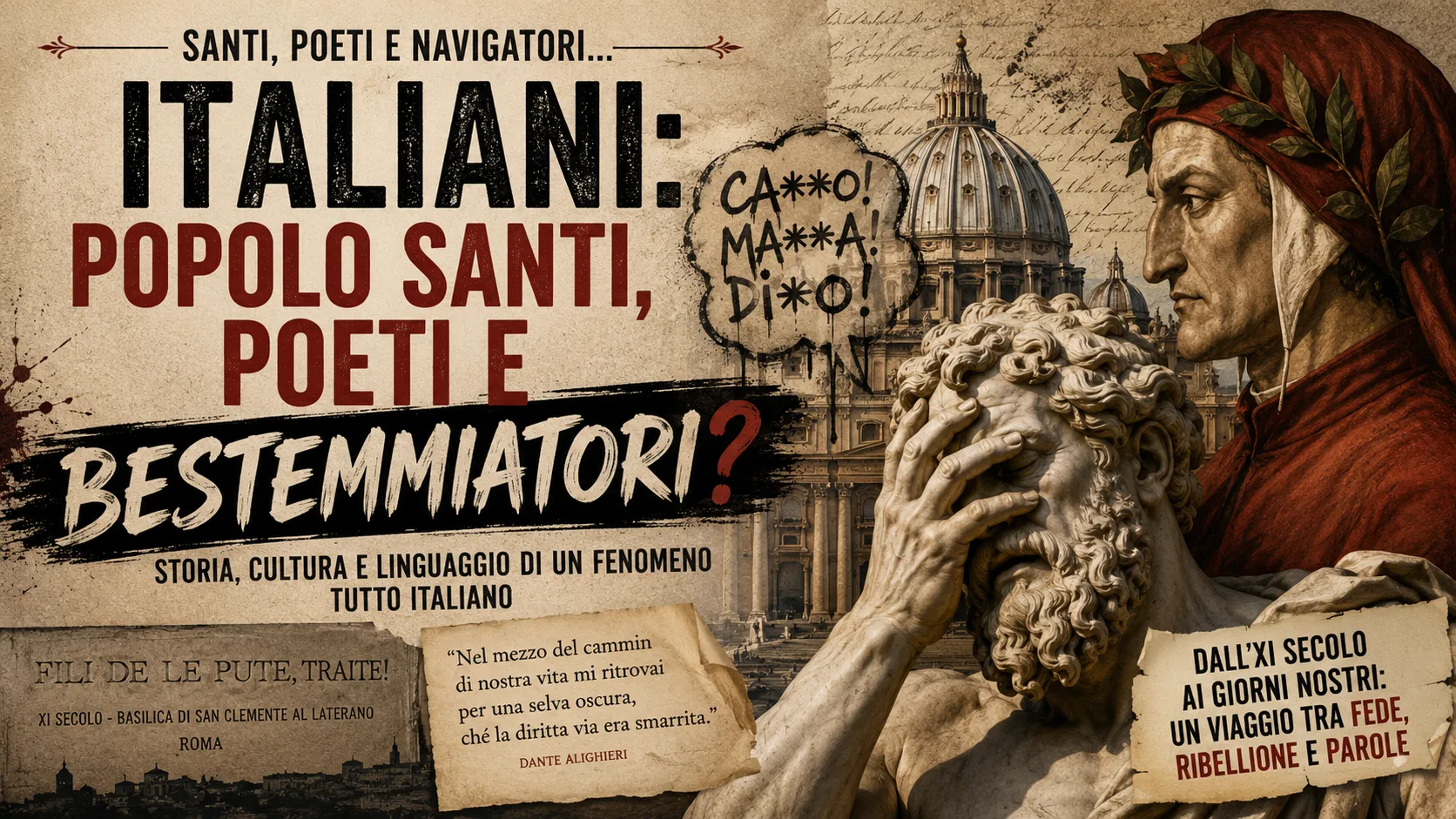 Copertina editoriale sulla cultura italiana tra religione, letteratura e linguaggio popolare con Dante Alighieri e simboli storici italiani.