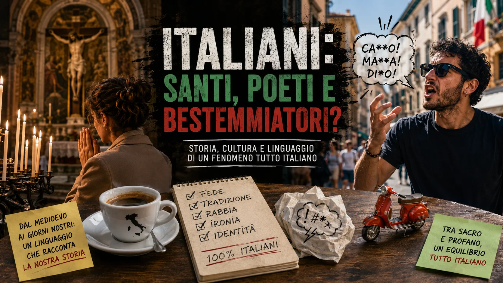 Illustrazione concettuale sull’identità italiana tra religione, linguaggio popolare e contraddizioni culturali contemporanee.