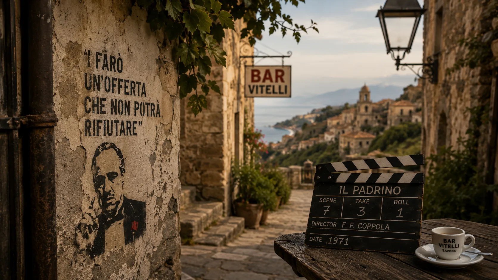 Vicolo siciliano ispirato a “Il Padrino” con murale cinematografico, insegna del Bar Vitelli e atmosfera vintage mediterranea.