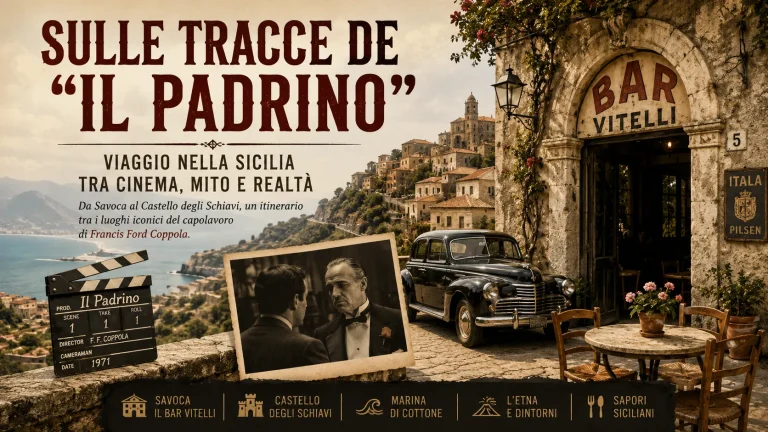 Poster cinematografico dedicato ai luoghi siciliani del film “Il Padrino” con il Bar Vitelli, paesaggi mediterranei e riferimenti al cinema di Francis Ford Coppola.
